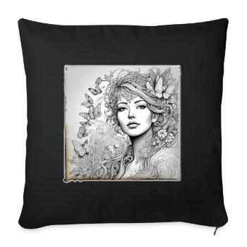 Fille romantique avec des fleurs et des papillons - Housse de coussin décorative 45 x 45 cm - noir - Devant