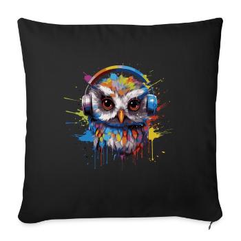 Lustige Eule hört Musik über Kopfhörer - Sofakissenbezug 45 x 45 cm - Schwarz - Vorne