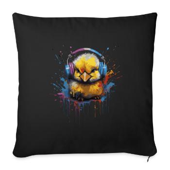 Chick listens to music with headphones - Sofa pillowcase 17,3'' x 17,3'' (45 x 45 cm) - black - Front