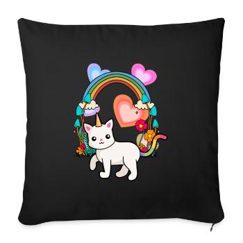 Regenbogen Einhorn Katze Blumen Frühling Sommer - Sofakissenbezug 45 x 45 cm - Schwarz - Vorne