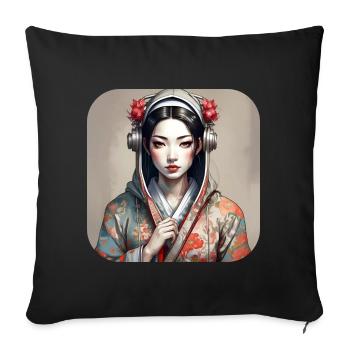 Fille manga anime cool dans le style geisha - Housse de coussin décorative 45 x 45 cm - noir - Devant