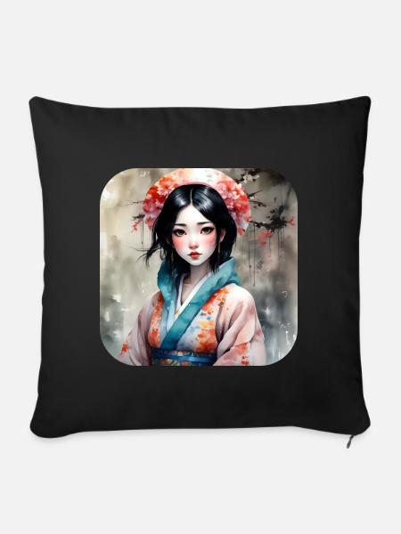 Jolie fille manga anime dans le style geisha - Housse de coussin décorative 45 x 45 cm - noir