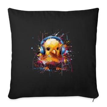 Chick listens to music with headphones - Sofa pillowcase 17,3'' x 17,3'' (45 x 45 cm) - black - Front
