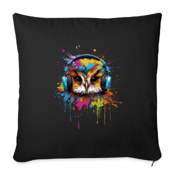 Lustige Eule hört Musik über Kopfhörer - Sofakissenbezug 45 x 45 cm - Schwarz - Vorne