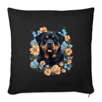 Chien rottweiler avec des fleurs - Housse de coussin décorative 45 x 45 cm - noir - Devant