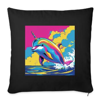 Pop Art Regenbogen Einhorn Delfin - Sofakissenbezug 45 x 45 cm - Schwarz - Vorne