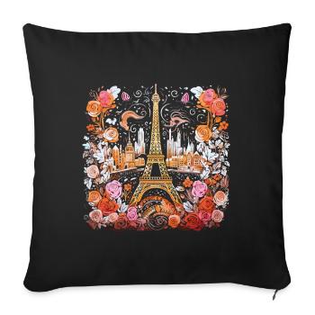 Paris Tour Eiffel Fleurs Roses France Aquarelle - Housse de coussin décorative 45 x 45 cm - noir - Devant