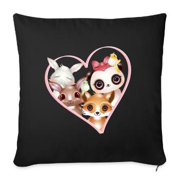 Portrait de famille d’animaux mignon dans le cadre du cœur - Housse de coussin décorative 45 x 45 cm - noir - Devant