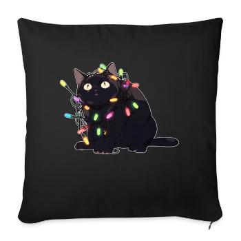 Weihnachts-Katze in der Lichterkette - Sofakissenbezug 45 x 45 cm - Schwarz - Vorne