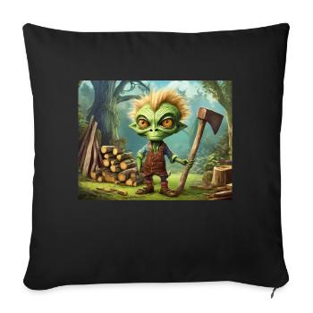 mignon petit extraterrestre rétro vert est la gravure sur bois - Housse de coussin décorative 45 x 45 cm - noir - Devant
