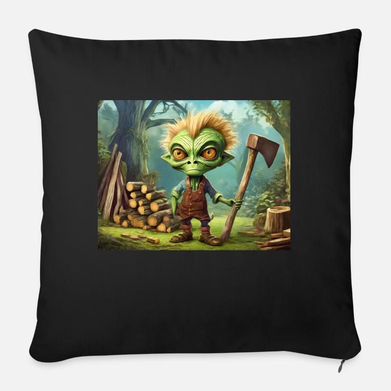mignon petit extraterrestre rétro vert est la gravure sur bois - Housse de coussin décorative 45 x 45 cm - noir