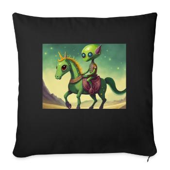 mignon petit extraterrestre rétro vert chevauchant un cheval - Housse de coussin décorative 45 x 45 cm - noir - Devant