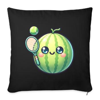 Pastèque kawaii avec raquette de tennis et balle - Housse de coussin décorative 45 x 45 cm - noir - Devant