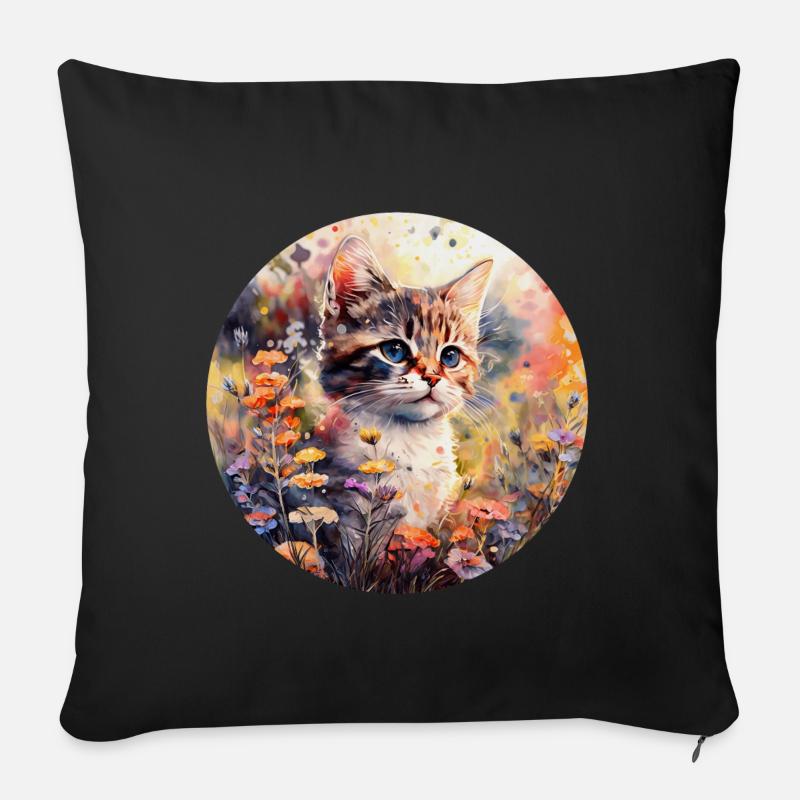 Chat dans un pré fleuri - Aquarelle - Housse de coussin décorative 45 x 45 cm - noir