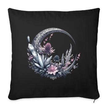 Croissant de lune en argent, avec cristaux et fleurs - Housse de coussin décorative 45 x 45 cm - noir - Devant