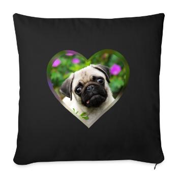 Lustiger Mops Welpe Hund Foto Porträt mit Herz - Sofakissenbezug 45 x 45 cm - Schwarz - Vorne