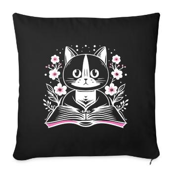 Reading cute cat with book and flowers - Sofa pillowcase 17,3'' x 17,3'' (45 x 45 cm) - black - Front