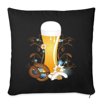 Weißbier Glas mit Brezel,Weißwürste,Senf, Edelweiß - Sofakissenbezug 45 x 45 cm - Schwarz - Vorne