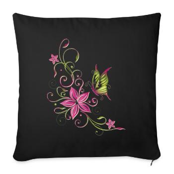 Pink and green flowers with butterfly - Sofa pillowcase 17,3'' x 17,3'' (45 x 45 cm) - black - Front