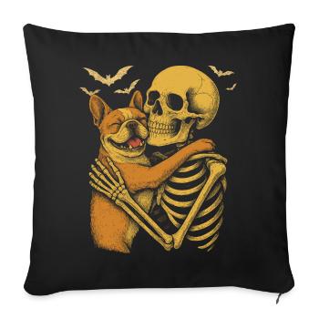 Französische Bulldogge umarmt Skelett - Sofakissenbezug 45 x 45 cm - Schwarz - Vorne