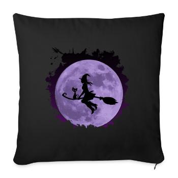 Sorcière avec chat doux « Catrina » sur balai avec la lune - Housse de coussin décorative 45 x 45 cm - noir - Devant