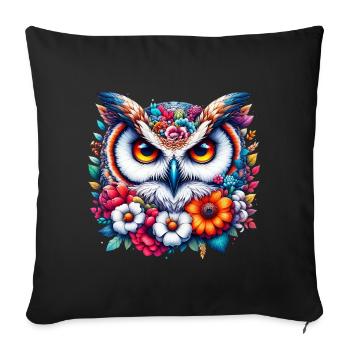 Hibou décoré de fleurs - Housse de coussin décorative 45 x 45 cm - noir - Devant