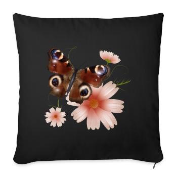 Papillon paon oeil avec des fleurs roses - Housse de coussin décorative 45 x 45 cm - noir - Devant