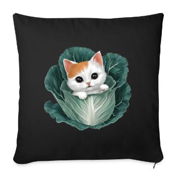 Chaton jetant un coup d’œil à partir d’une feuille de chou - Housse de coussin décorative 45 x 45 cm - noir - Devant