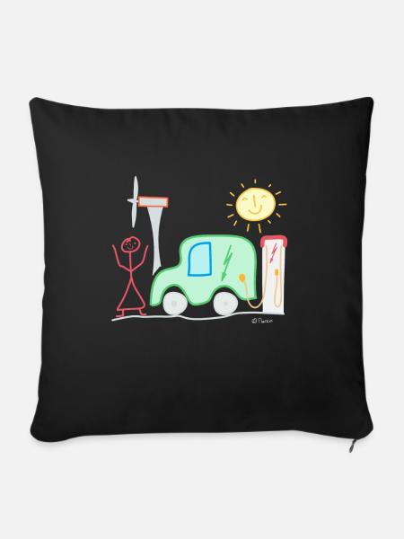 E-Auto Strichmännchen Frau Windrad Ladesäule Sonne - Sofakissenbezug 45 x 45 cm - Schwarz