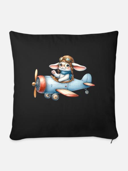 Hase im Flugzeug - Sofakissenbezug 45 x 45 cm - Schwarz
