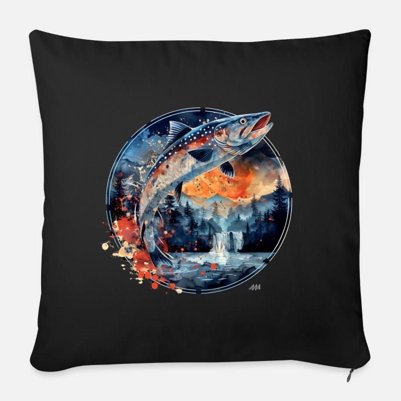 springender Fisch – Anglermotiv – Dynamischer Fang - Sofakissenbezug 45 x 45 cm - Schwarz