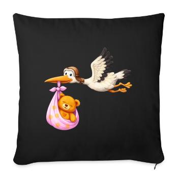 Petite fille cigogne avec cadeau en nounours en tissu - Housse de coussin décorative 45 x 45 cm - noir - Devant