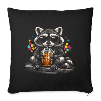 Raton laveur buvant du café glacé sucré mignon - Housse de coussin décorative 45 x 45 cm - noir - Devant
