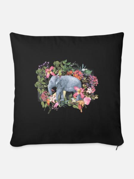 Elefant im Blütendschungel - Sofakissenbezug 45 x 45 cm - Schwarz