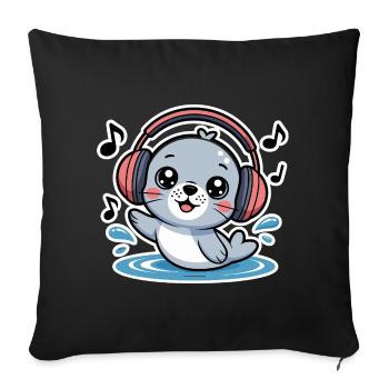 Cute seal with headphones and music notes - Sofa pillowcase 17,3'' x 17,3'' (45 x 45 cm) - black - Front