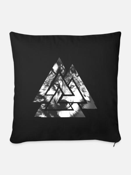 Valknut, Symbol von Odin - Mit Wolf - Sofakissenbezug 45 x 45 cm - Schwarz