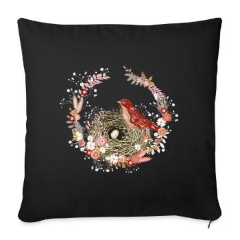 Couronne de fleurs séchées avec nid d’oiseau et motif d’oiseau - Housse de coussin décorative 45 x 45 cm - noir - Devant