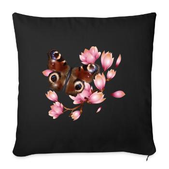 Papillon paon oeil avec Magnolia en rose - Housse de coussin décorative 45 x 45 cm - noir - Devant