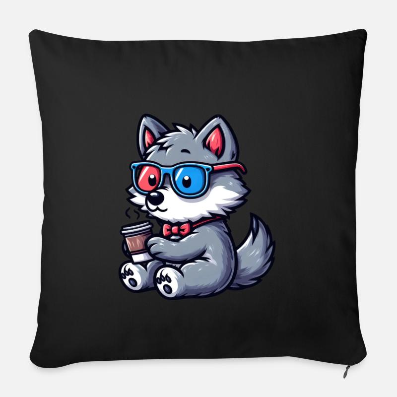 Wolf with fast glasses and coffee - Sofa pillowcase 17,3'' x 17,3'' (45 x 45 cm) - black