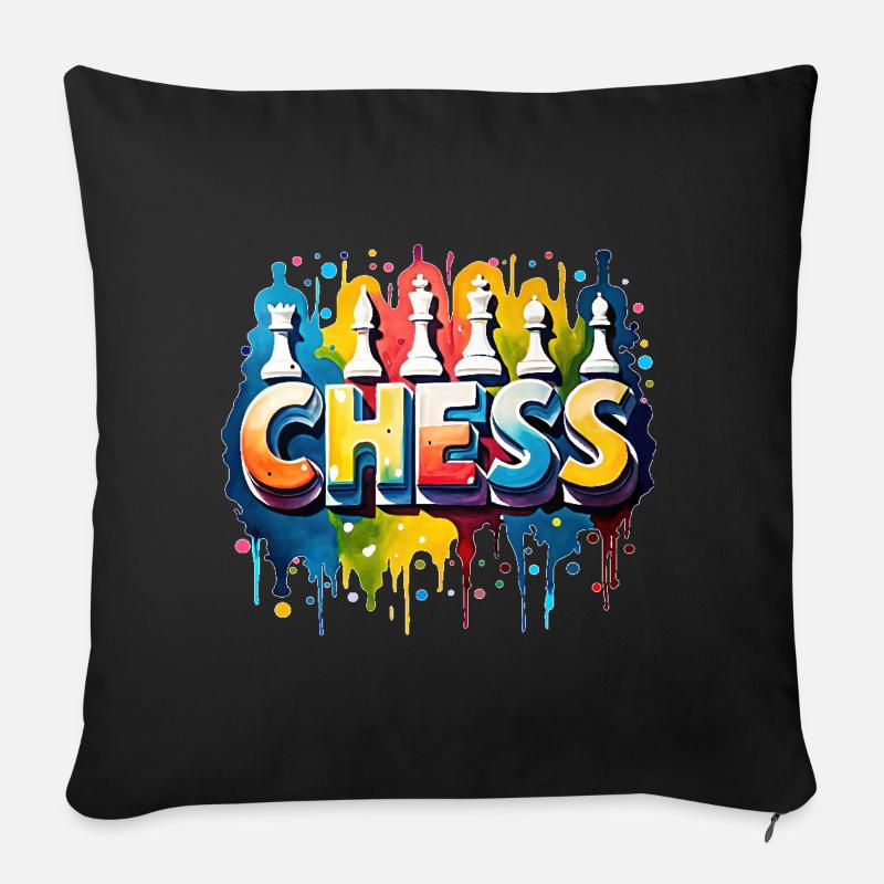 Schach mit Figuren, weißer Rand - Sofakissenbezug 45 x 45 cm - Schwarz