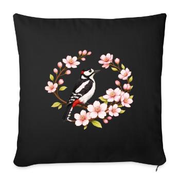 Grand pic tacheté avec motif printanier de cerisiers - Housse de coussin décorative 45 x 45 cm - noir - Devant