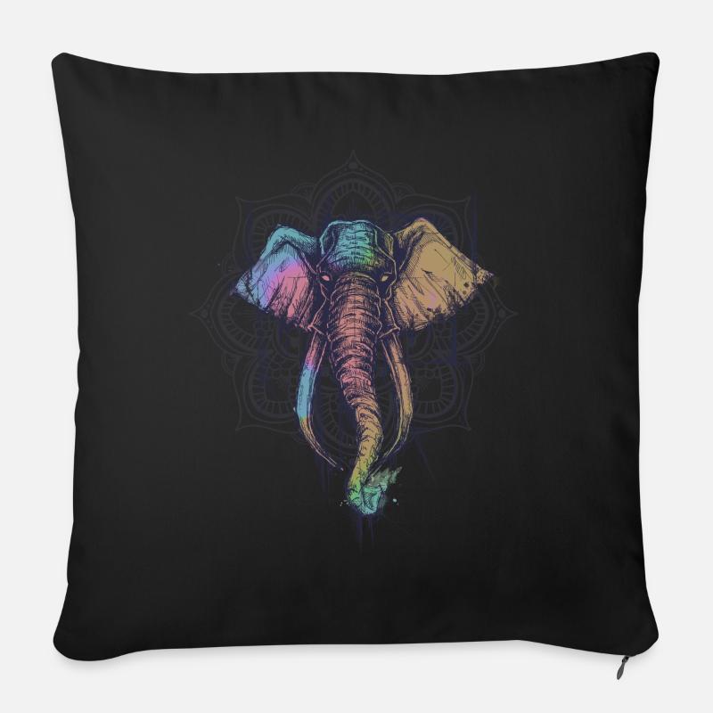 elephant coloré + mandala - Housse de coussin décorative 45 x 45 cm - noir