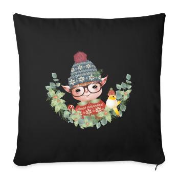 zauberhafter süßer Weihnachtself mit Vogel - Sofakissenbezug 45 x 45 cm - Schwarz - Vorne