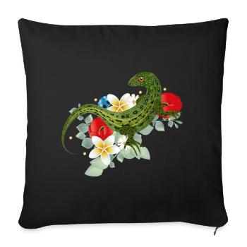 Green lizard on flowers botanical motif - Sofa pillowcase 17,3'' x 17,3'' (45 x 45 cm) - black - Front