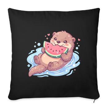 La loutre Kawaii mange de la pastèque - Housse de coussin décorative 45 x 45 cm - noir - Devant