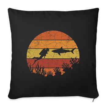 Diver and shark with retro sunset - Sofa pillowcase 17,3'' x 17,3'' (45 x 45 cm) - black - Front