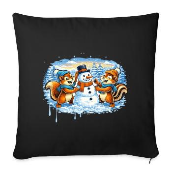 Drôle d’animaux d’hiver construisant un bonhomme de neige – Bande dessinée - Housse de coussin décorative 45 x 45 cm - noir - Devant