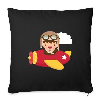 Süßer Fliegerpilot Junge im fliegenden Flugzeug - Sofakissenbezug 45 x 45 cm - Schwarz - Vorne