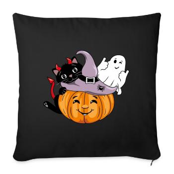 Smiling pumpkin with black cat and winking ghost - Sofa pillowcase 17,3'' x 17,3'' (45 x 45 cm) - black - Front
