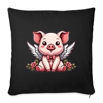 Mignon Cochon Ange Roses Dessin Animé Ailes - Housse de coussin décorative 45 x 45 cm - noir - Devant